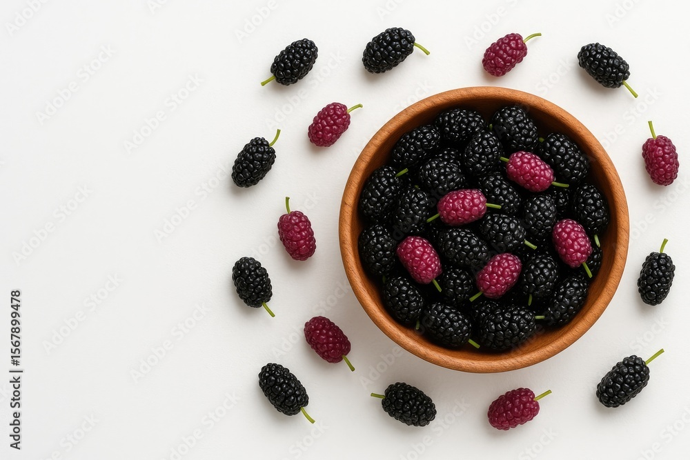 Poster assorted mulberries displayed in a wooden bowl with empty space for text