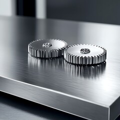 Two metal gears on stainless steel surface