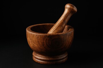 Handcrafted wooden spice grinder with pestle on dark background