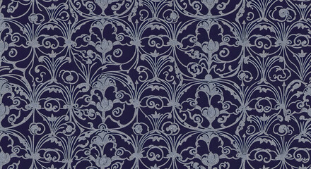 Fototapeta premium Intricate Silver Floral Pattern on Deep Blue Background, Ornate Vintage-Inspired Design with Delicate Flourishes
