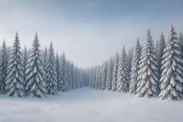 Naklejka premium Snowy winter scene featuring a forest panorama with powdery snow