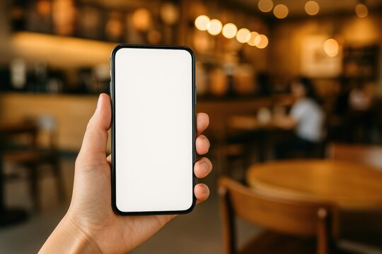 Female hand gripping a mobile device with an empty display in a cafÃ© setting with a blurred backdrop