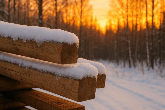 Sunlit forest backdrop with icy wooden beams during the afternoon