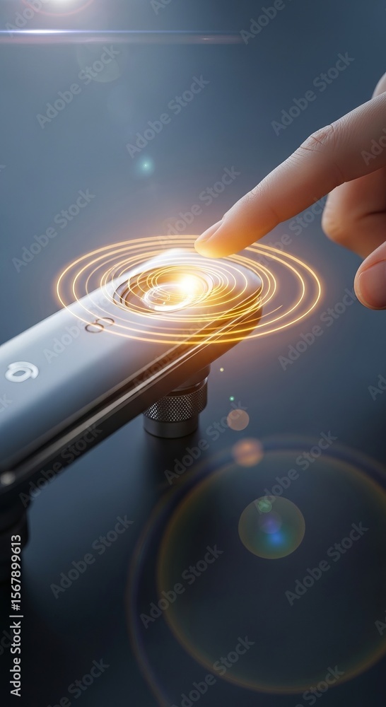 Poster AI-Powered Robot Automation Concepts. Touching a modern device with glowing effects and circular lights.