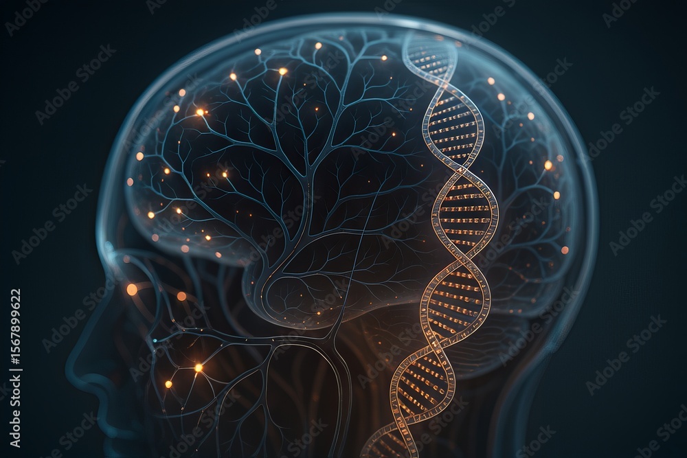 Poster AI-Powered Robot Automation Concepts. Brain with neural connections and DNA strands depicted in an artistic style.