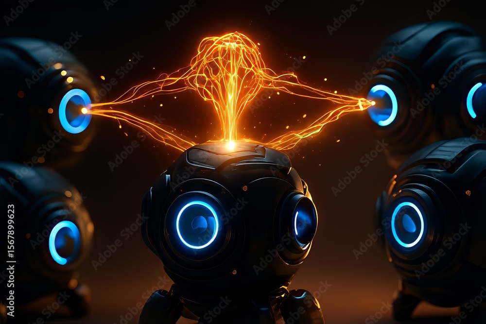 Poster AI-Powered Robot Automation Concepts. Futuristic robots emitting electric energy in a dark setting.