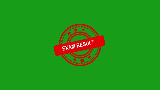 Animated  "EXAM RESULTS" rubber stamp seal with bold red text, featuring a zoom and hit effect on a screen background Alpha channel. 4k video animation. Alpha matte channel.