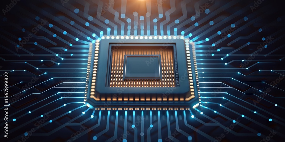 Poster AI-Powered Robot Automation Concepts. Futuristic microchip with intricate circuit patterns and glowing details.