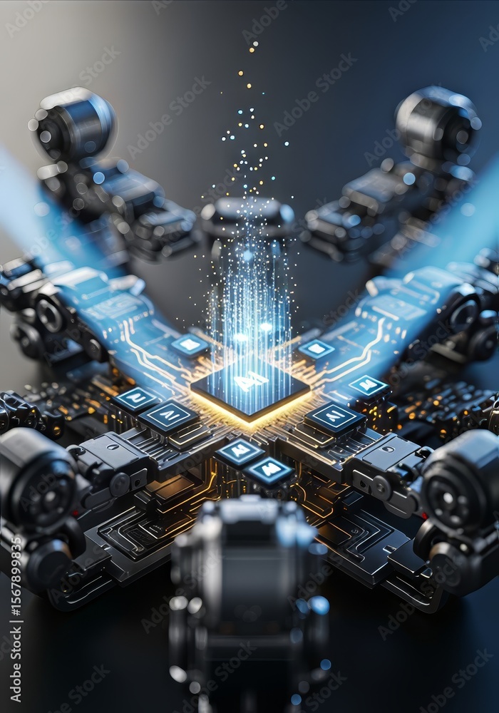 Poster AI-Powered Robot Automation Concepts. Futuristic circuit design with glowing elements and mechanical components.