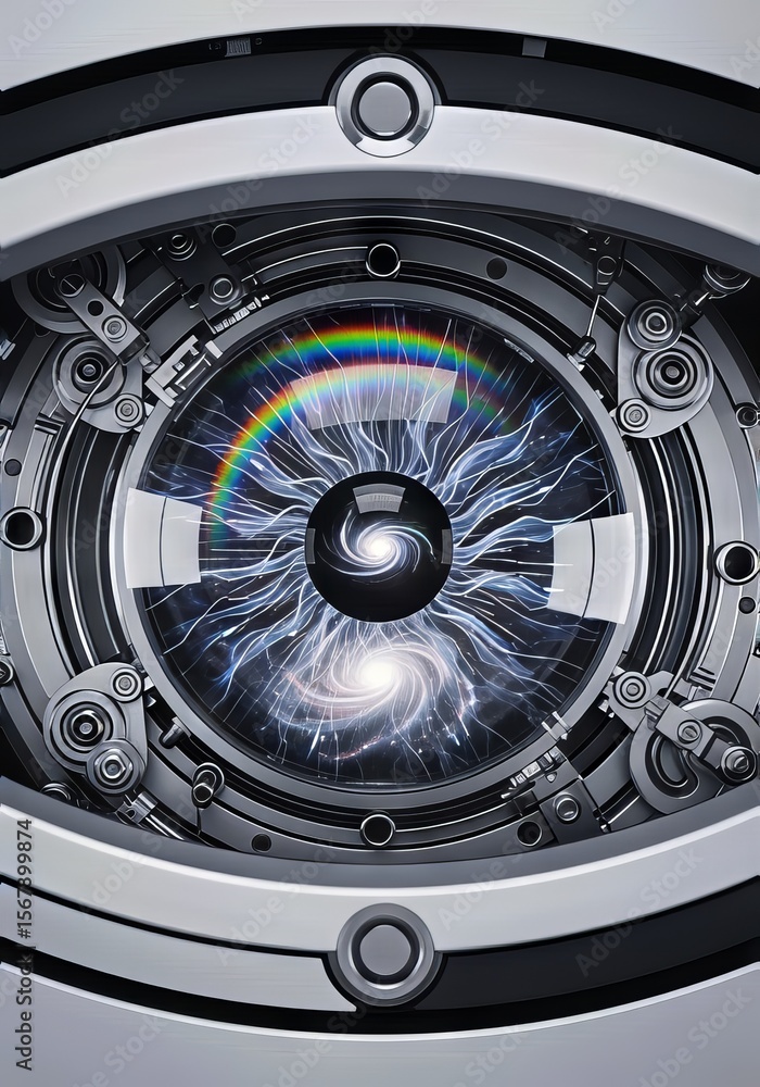Poster AI-Powered Robot Automation Concepts. Abstract design featuring intricate mechanical components and a rainbow effect.