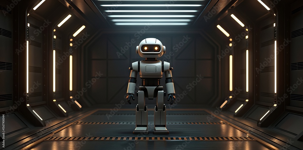 Poster AI-Powered Robot Automation Concepts. Futuristic robot standing in a sleek, illuminated corridor.