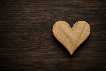 Elegant wooden heart against a rich dark wood backdrop with a gentle focus and ample space for text