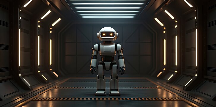 AI-Powered Robot Automation Concepts. Futuristic robot standing in a sleek, illuminated corridor.
