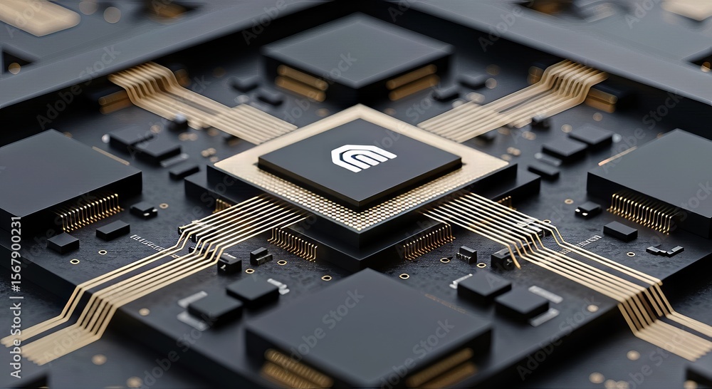 Poster AI-Powered Robot Automation Concepts. Close-up of a circuit board with intricate electronic components.
