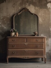 Ancient vintage classic dresser near dilapidated wall. Retro grunge home interior