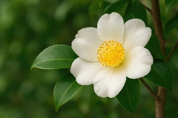 Close-up of a white blossom with a vibrant yellow core, still connected to its branch, with greenery in the background