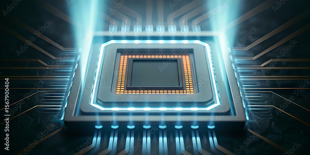 Poster AI-Powered Robot Automation Concepts. Futuristic microchip with glowing circuits and technology elements.