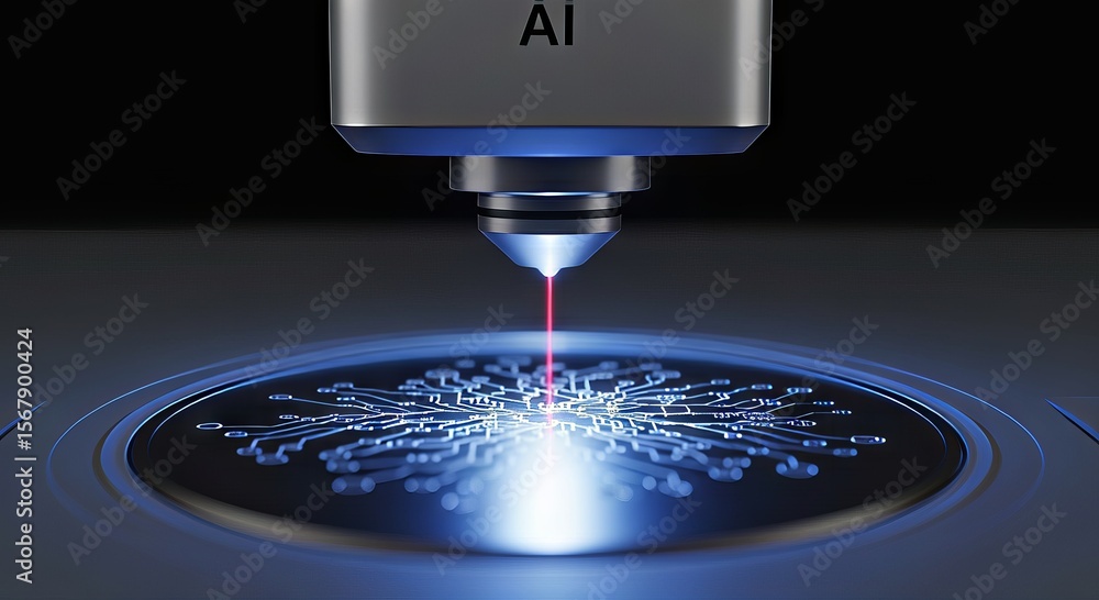 Poster AI-Powered Robot Automation Concepts. High-tech AI innovation with laser technology and circuit design.