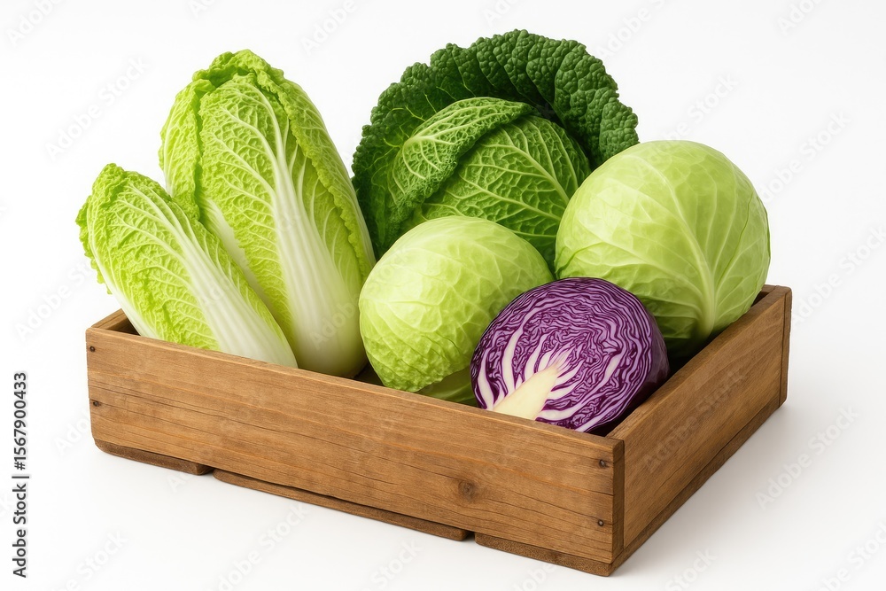 Poster assorted fresh cabbages displayed in a wooden container on a white backdrop