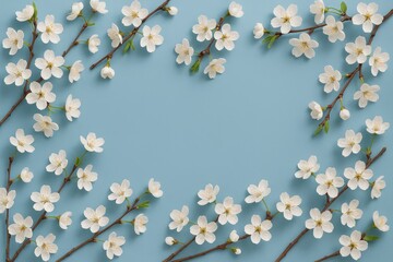 Elegant spring branches adorned with white blossoms on a vibrant blue backdrop, viewed from above with space for text.