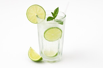 Mix baking soda with lime water in a glass using a straw for a refreshing summer beverage. Cool drink with ice, mint, and citrus on a white backdrop. Concept of relaxation and refreshment.