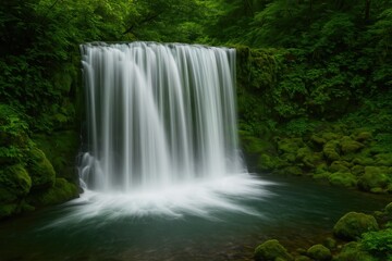 Fototapeta premium A gentle shutter speed creates a dreamy effect on the waterfall, turning rapid water into a flowing, silky stream that captivates observers.