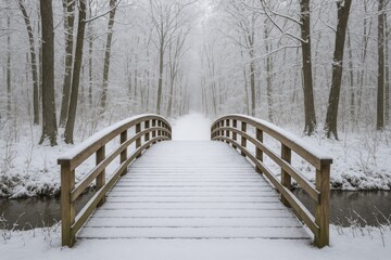 Wintertime wooden bridge amidst dense forest scenery