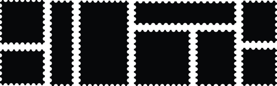 Postage stamp set. Set of blank rectangle and square Postage stamp frames. Blank postage stamp. Clean postage stamp template. Postage icon. Mockup postage stamps. Blank postage stamp borders templates