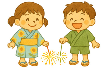 夏祭りで手持ち花火を楽しむ浴衣と甚平姿の子どもたちの水彩風イラスト