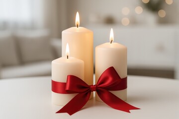 Decorative candles adorned with a crimson ribbon