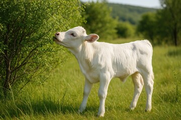 Obraz premium Young calf grazing among the foliage
