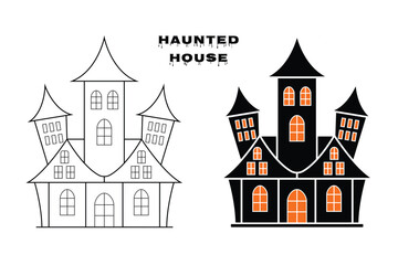 Haunted house vector illustration with dripping text. Halloween scary house in editable strokes and solid vector style.