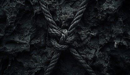 A close-up of dark gray ropes tied together with an intricate knot, 