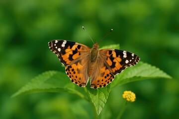 Obraz premium Green leaf with a butterfly resting on it
