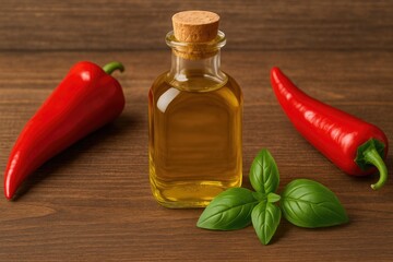 Cayenne oil infused with chili and basil leaves on a wooden surface