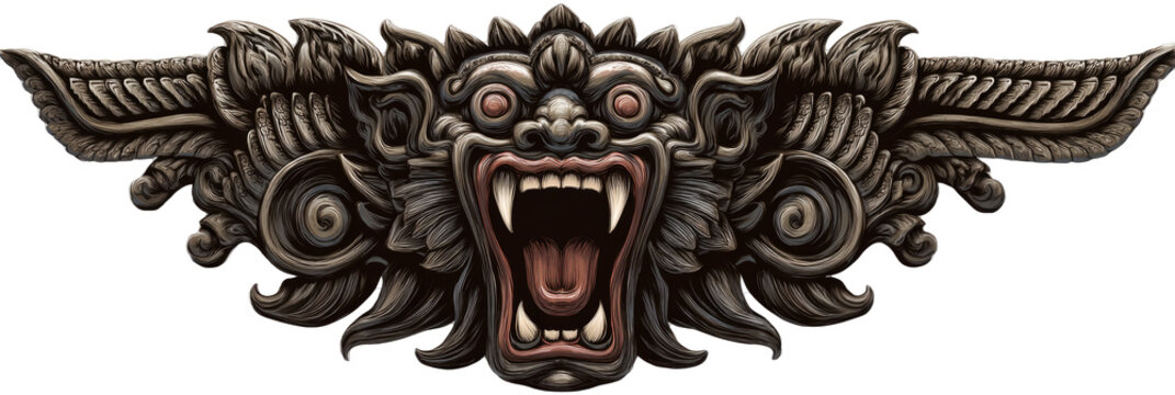 Kirtimukha, demonic face creature with fangs and open mouth, used in temple gates, isolated on white