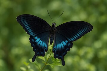 Wildlife scene featuring a blue and black butterfly