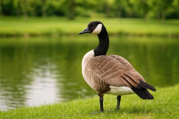 Obraz premium A Canadian goose glancing over its shoulder beside a pond in the park