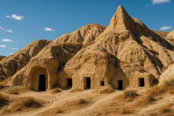 Stunning scenery of caves nestled within sandy mountain ranges