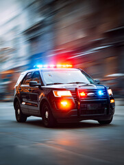 Fototapeta premium Urban police patrol vehicle with active emergency siren and strobe lights, blurred city background, representing urgent law enforcement response and public safety awareness