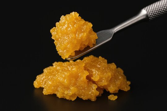 Close-up of cannabis wax extract with spatula on dark background