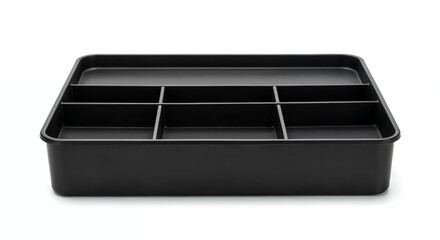 Black toolbox tray isolated on white background, front view,clear tray divisions and sturdy material