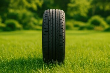 Automobile tire resting on lush green grass