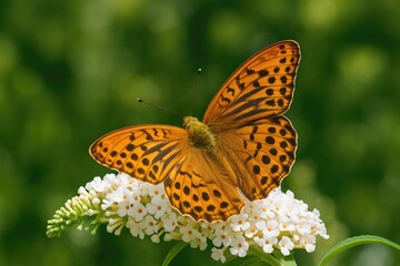 Vivid butterfly resting on white flowering shrub in lush greenery