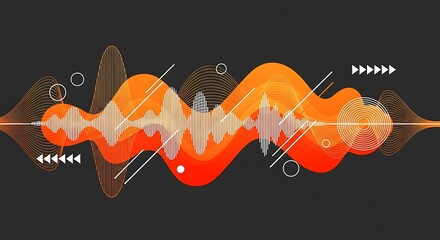 A Abstract Audio Waveform with Vibrant Orange Flow Lines and Geometric Shapes on Black Background