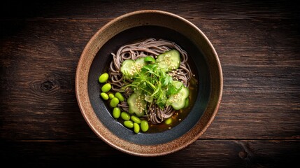 Plant-Based Breakfast Bowl Close-Up concept. Delicious bowl of soba noodles with garnishes on wooden table.