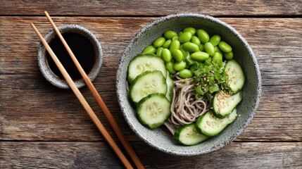 Plant-Based Breakfast Bowl Close-Up concept. Delicious bowl of soba noodles with cucumbers and edamame.