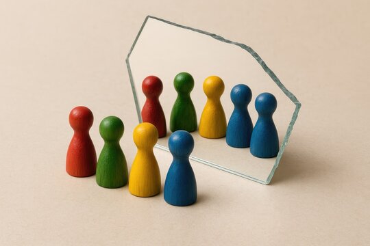 A collection of colorful game figures observing their reflection in a mirror fragment, symbolizing group self-awareness
