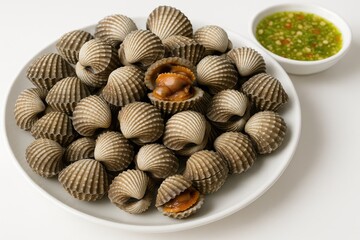 Fototapeta premium Delicious Thai-style seafood dishes featuring grilled cockles with savory sauce