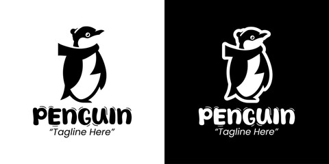 Fototapeta premium Black and White Penguin with Scarf Logo Design for Trendy Branding 